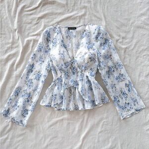 SHEIN Blue and White Floral Blouse